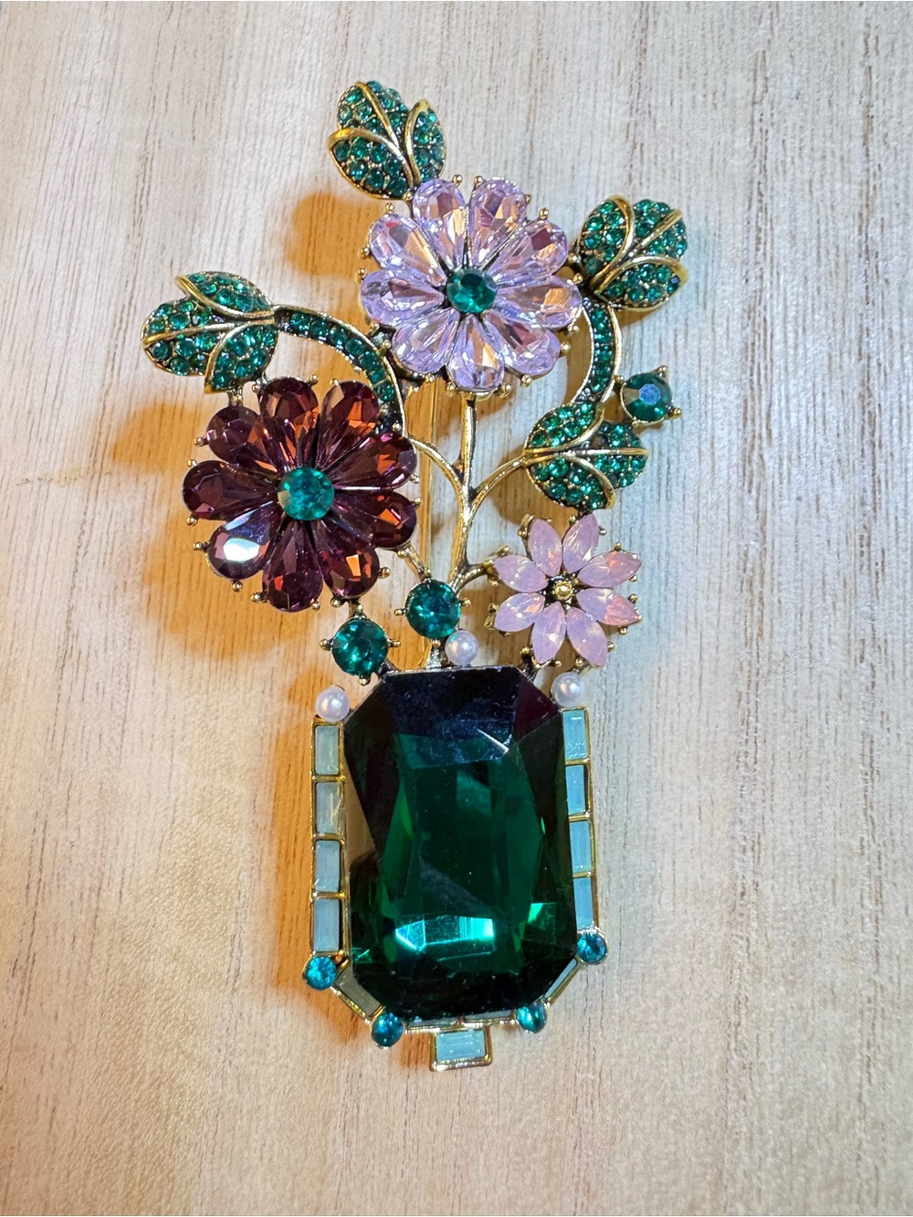 Gold-Tone Floral Brooch with Emerald Green, Pink and Purple Crystals